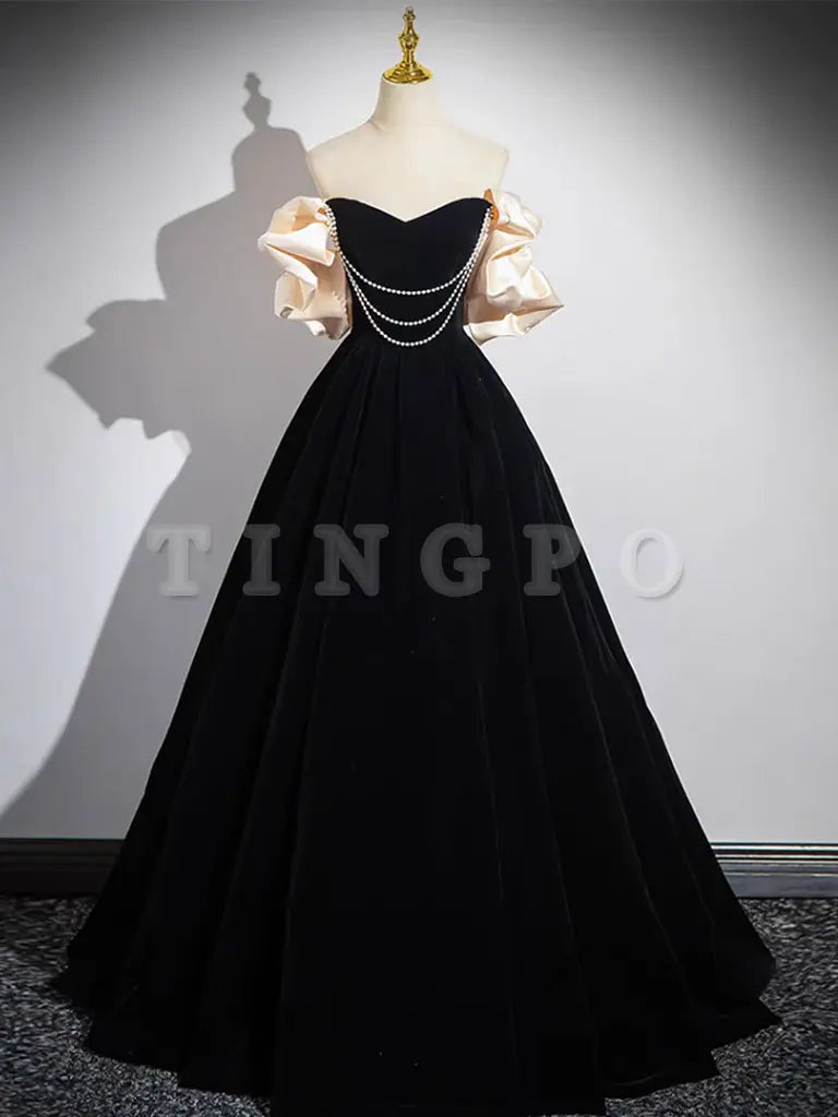 Wholesale A-Line Black Velvet Long Prom Dress Black Long Evening Dress gowns evening dresses
